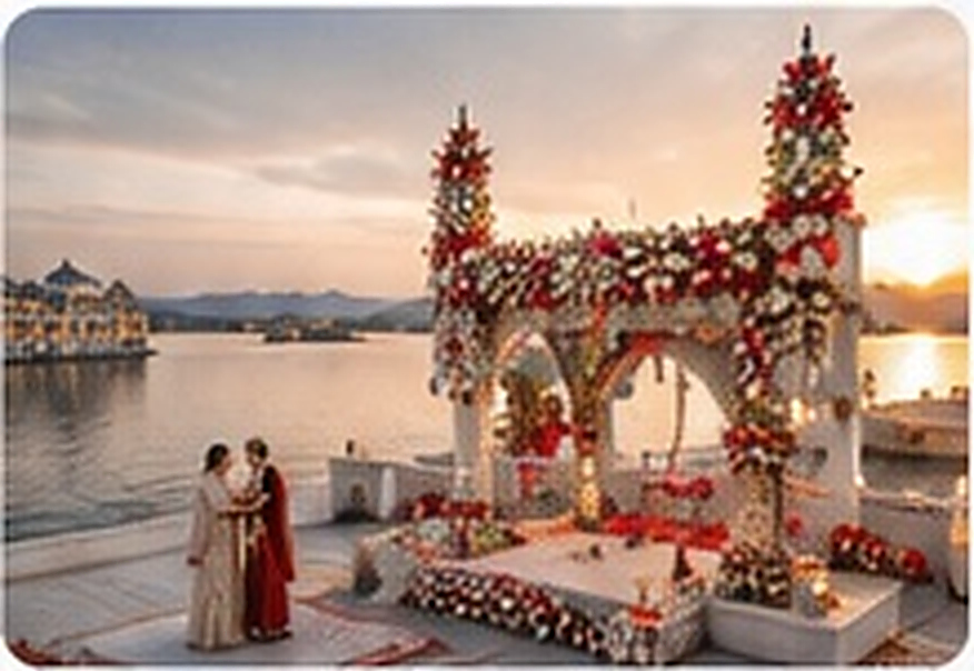 Destination wedding mandap by a lake