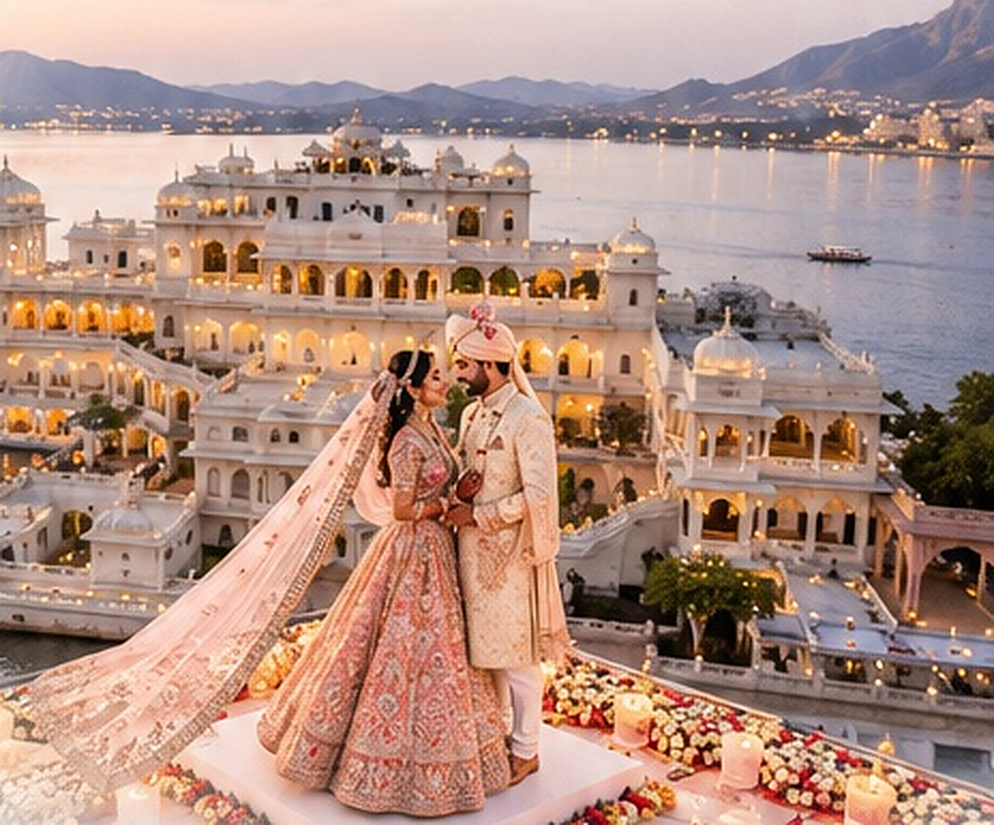 Destination wedding ceremony at a lake palace