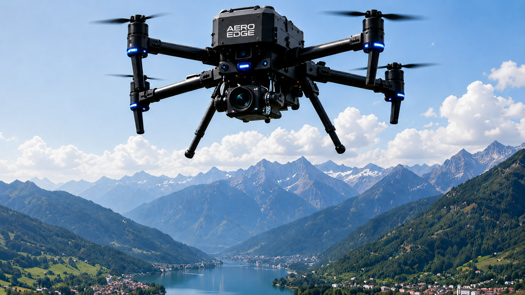 AERO Edge drone operating over mountain landscape