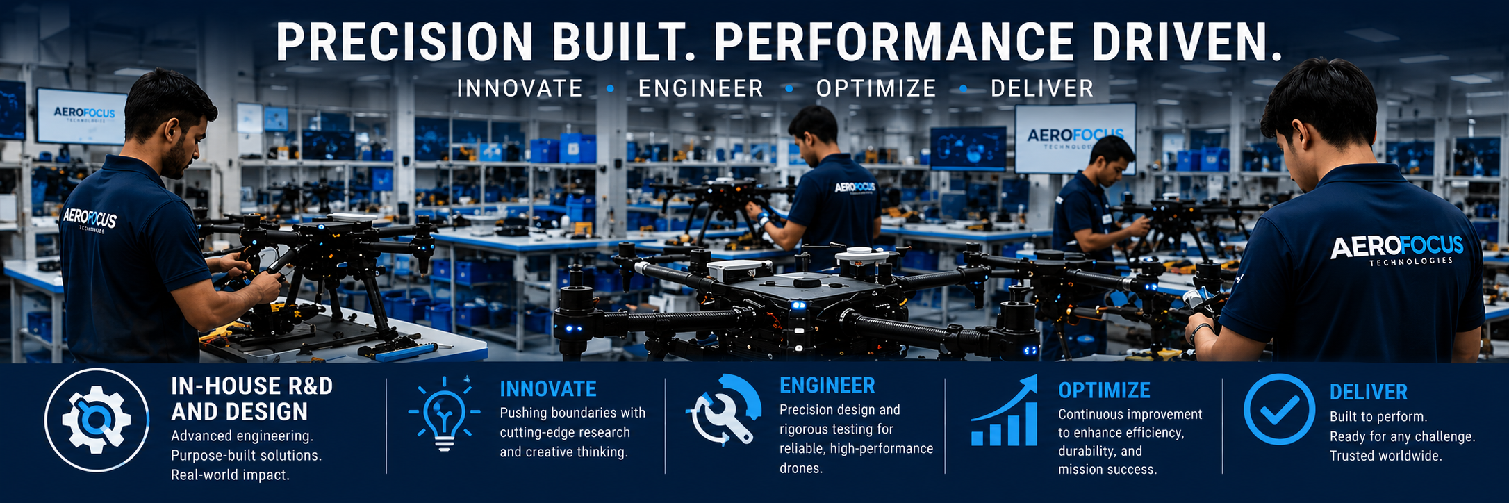 Technicians assembling drones in AeroEdge manufacturing lab