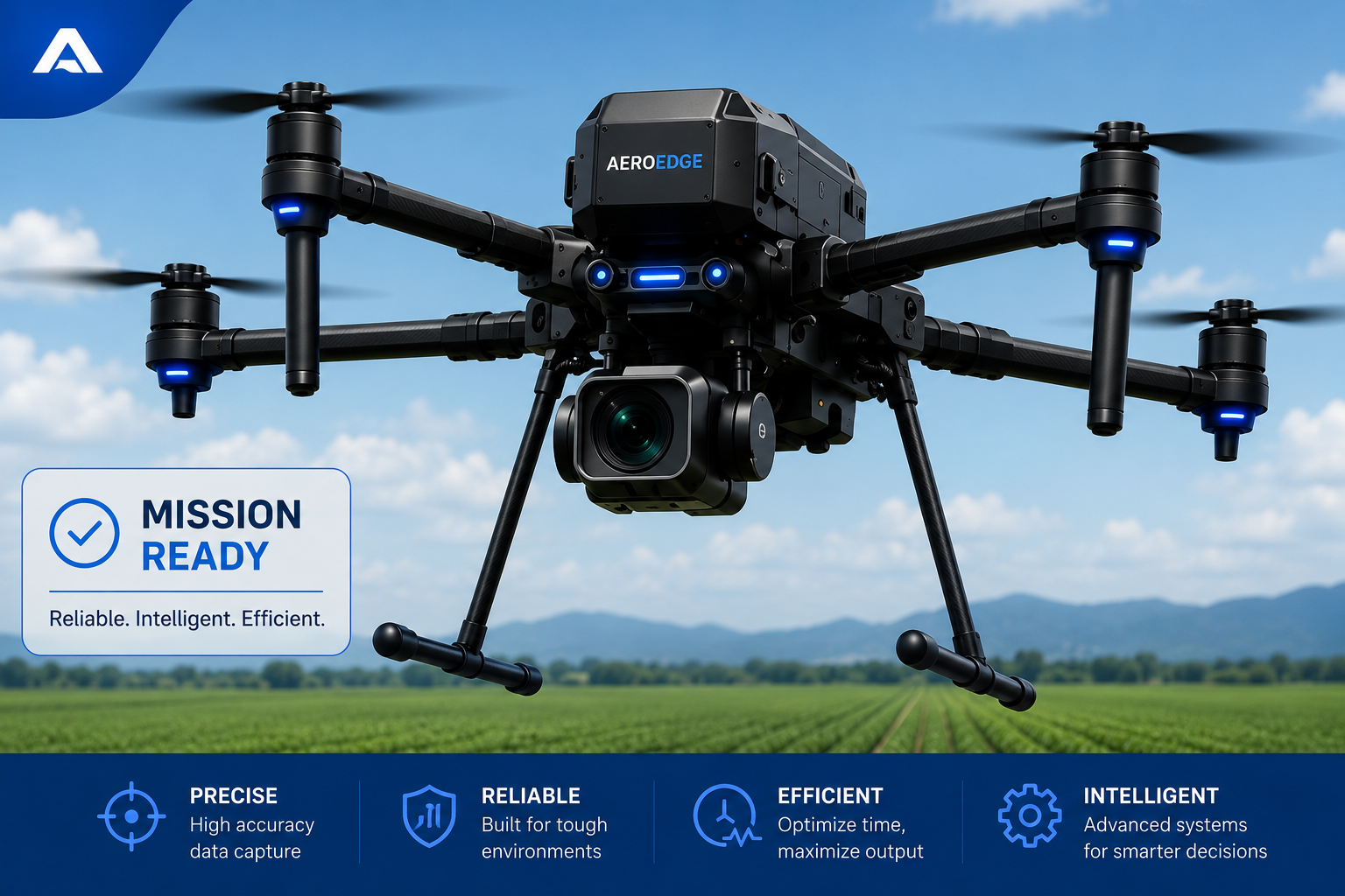AeroEdge professional UAV platform in flight over agricultural terrain